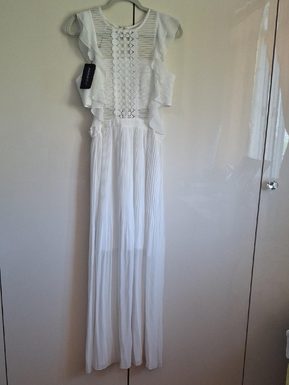 APART Glamour Elegant White Maxi Dress with Lace Panel and Ruffle Sleeves